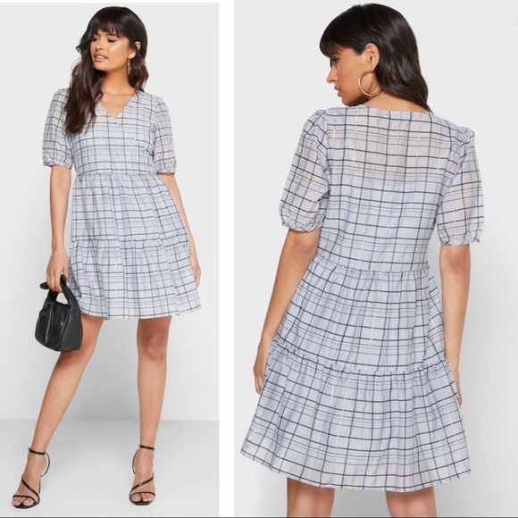 VERO MODA NWT Blue Windowpane Plaid Tiered Checkered Checked Surplice Dress - Picture 1 of 10